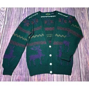 Vintage Hand Knit Moose Fair Isle Nordic Cardigan Sweater S Ugly‎ Christmas